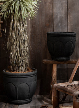 热销做旧仿古黑色抹白特大号镁泥花盆客厅庭院花园百合竹芭蕉树孔