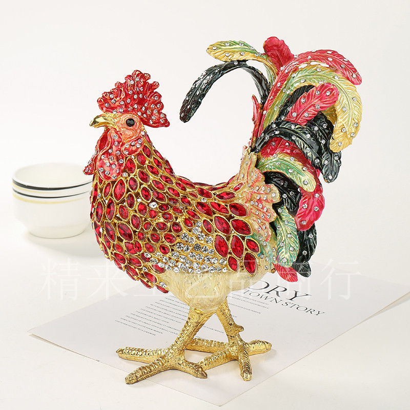 彩绘合金首饰盒公鸡新款满钻大公鸡珠宝盒礼品会所办公室居家摆件