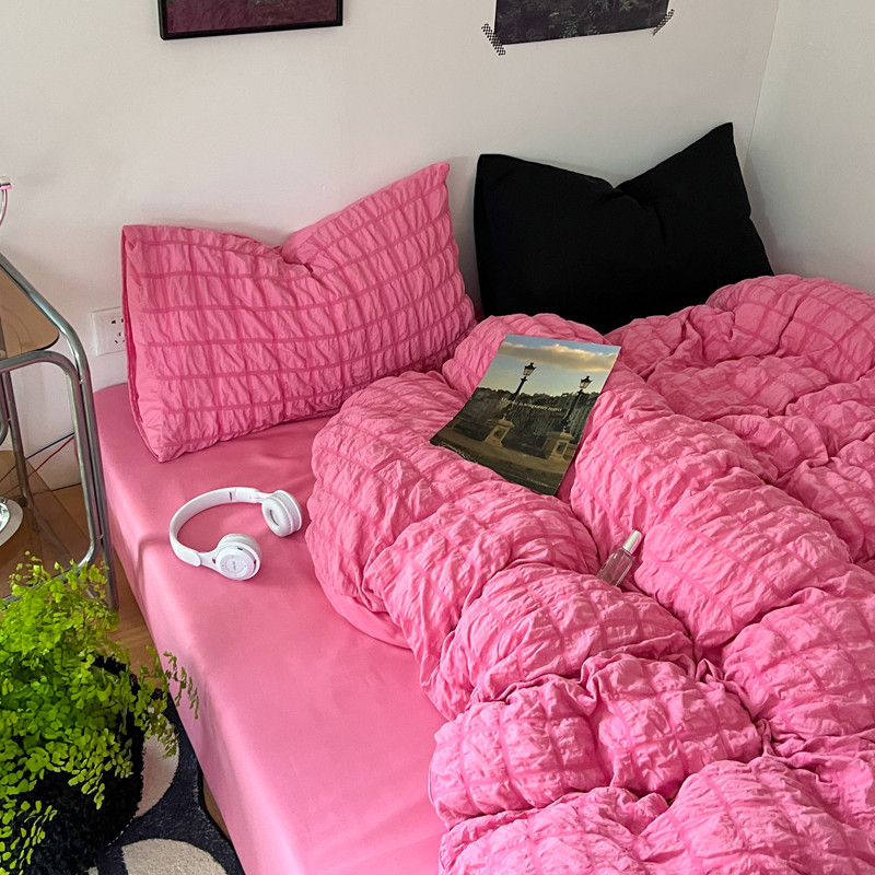 26x8公主风少女心泡泡纱水洗棉被套床上ins粉色四件套床单三件套