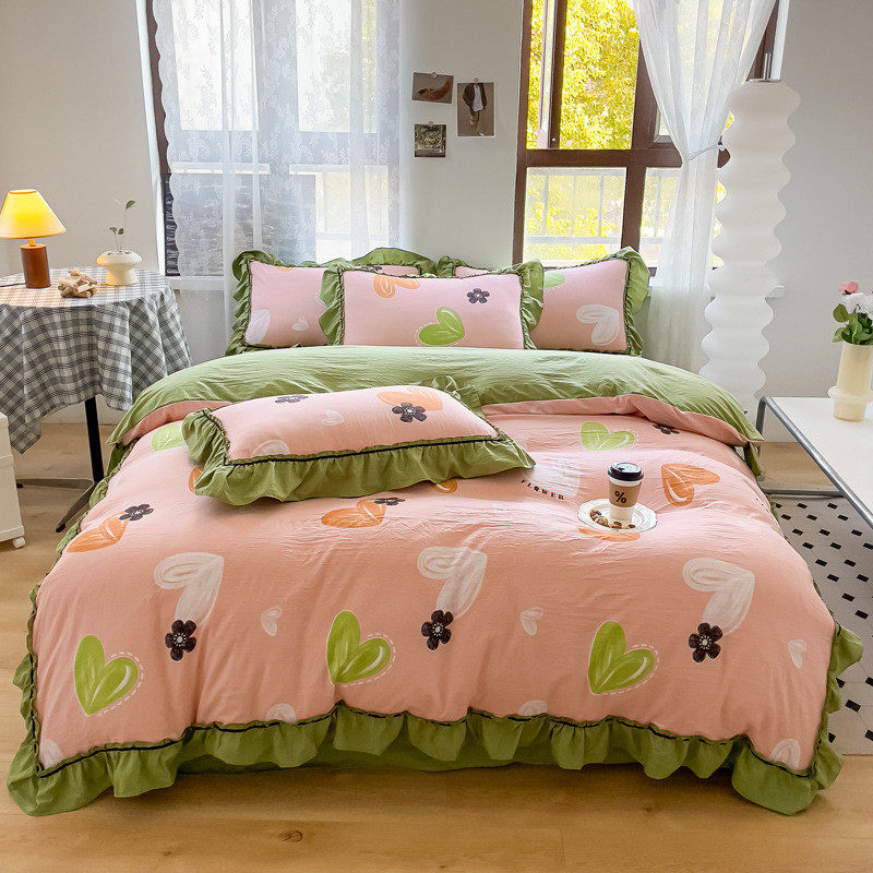 双人床水洗棉麻四件套床裙款双层纱被套花边床单床上用品韩版品