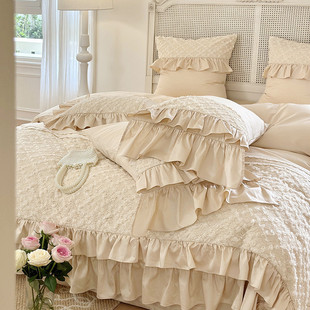 高端全棉被套120支长绒棉四件套荷叶边公主风法式绣花床上床品