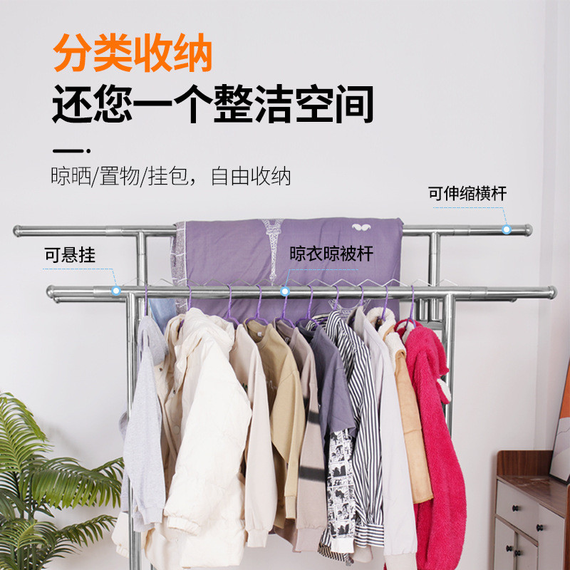 热销不锈钢简易家用阳台晾衣架加粗收纳架是室内带轮简约落地式衣