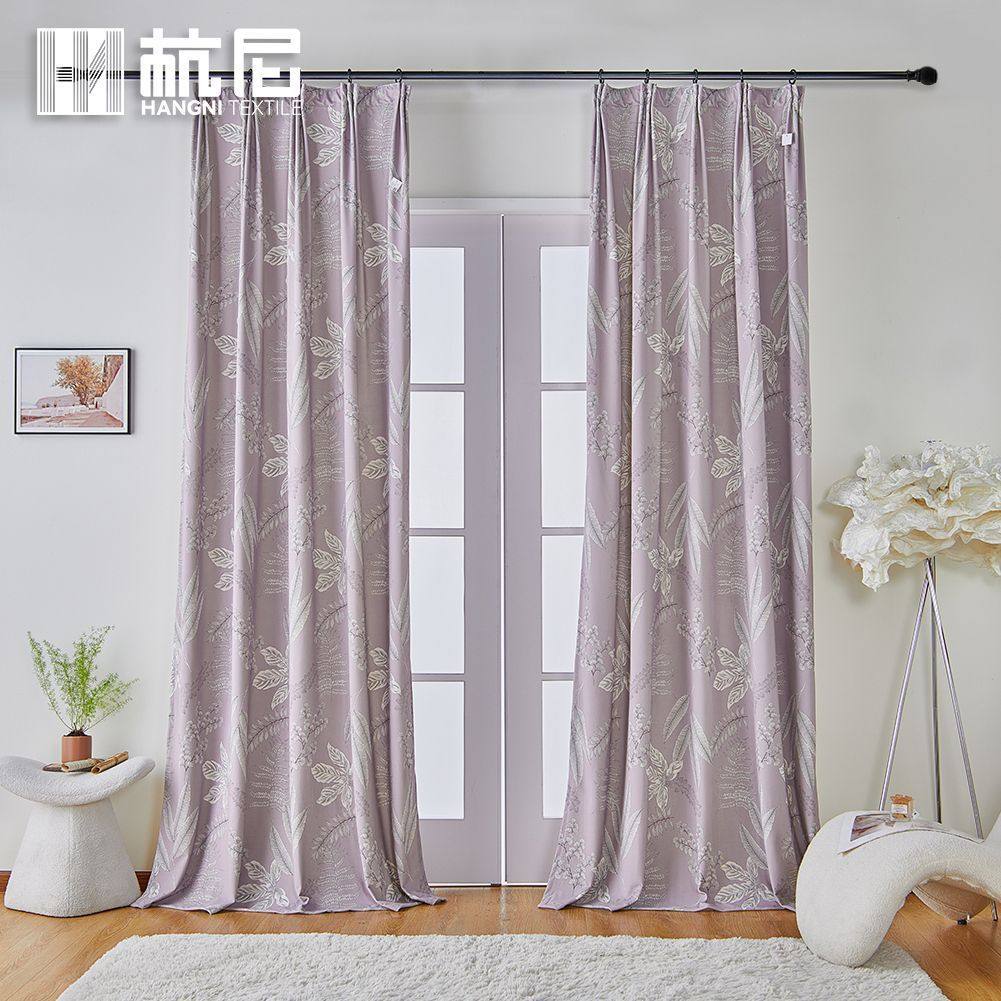 紫色植物印花窗帘布美式印花遮光窗帘卧室家用成品窗帘
