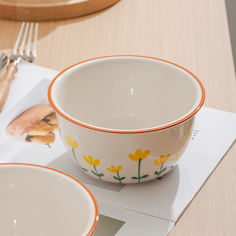 eu89菊花木本记陶瓷碗米饭碗汤碗家用餐具可微波4.5英寸山竹2个装