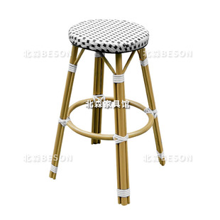 藤编法式吧台椅吧台凳酒吧椅户外高脚凳网红咖啡厅餐吧复古吧椅