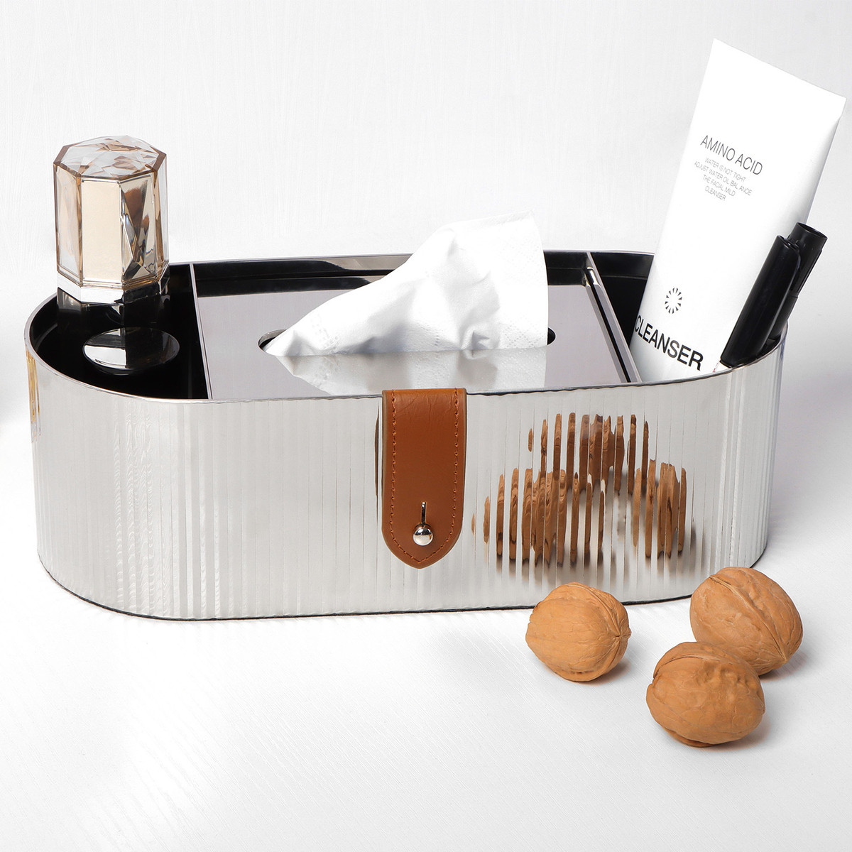 热销搭配桌面摆件轻奢不锈钢皮革多功能纸巾盒高档家居软装现代纸