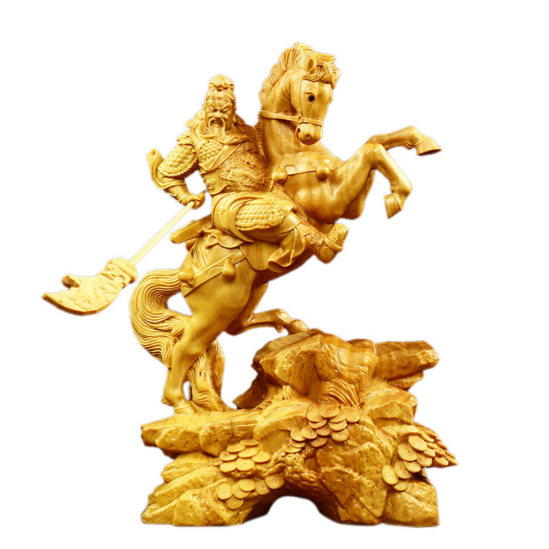 小叶黄杨木雕立马关公实木雕刻文玩摆件手工家居装饰人像武财神关