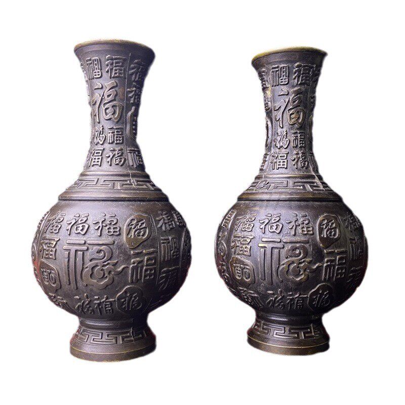 工艺品摆件花瓶摆件黄铜做旧百福花瓶一对家居玄关装饰铜插花瓶子