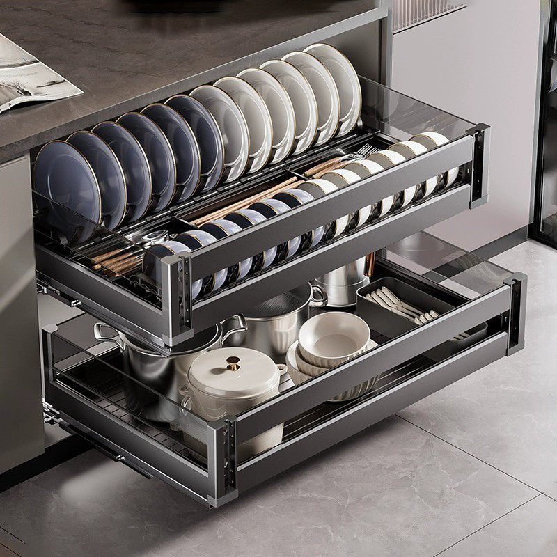 双层枪灰拉篮厨房橱柜铝合金抽屉式调味料碗碟架收纳碗篮调味拉篮,家装主材,拉篮,淘宝优惠券,粉丝福利购,淘宝优惠卷