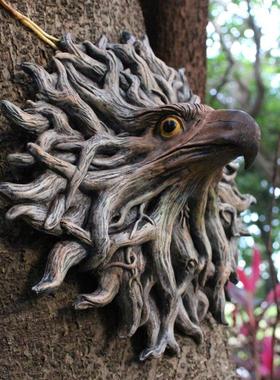 新款树根鹰头树挂树脂挂件动物头雕像户外花园树木装饰品批发