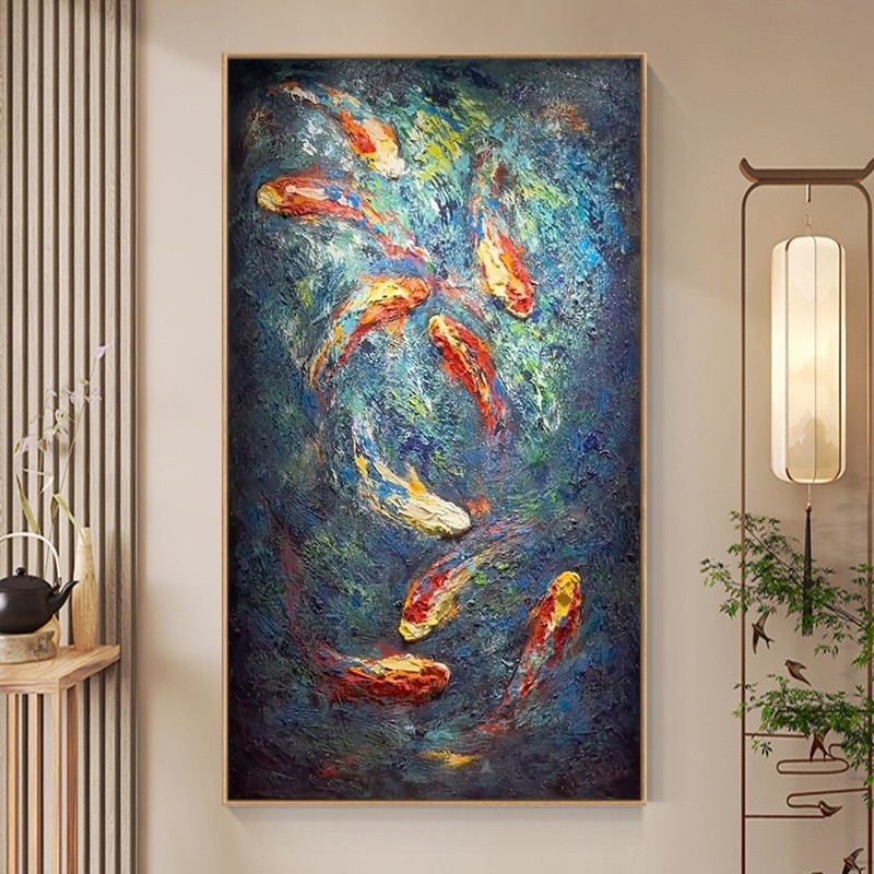 玄关聚财九鱼图厚肌理手绘油画装饰画挂画客厅立体年年有余新中式图片