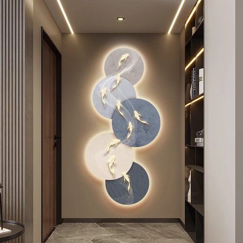 入户九鱼玄关装饰画壁画轻奢带钟表挂画走廊过道高级感led灯现代