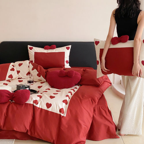 高档100支长绒棉新小清新结婚庆四件套丨婚嫁红色床单被套床品