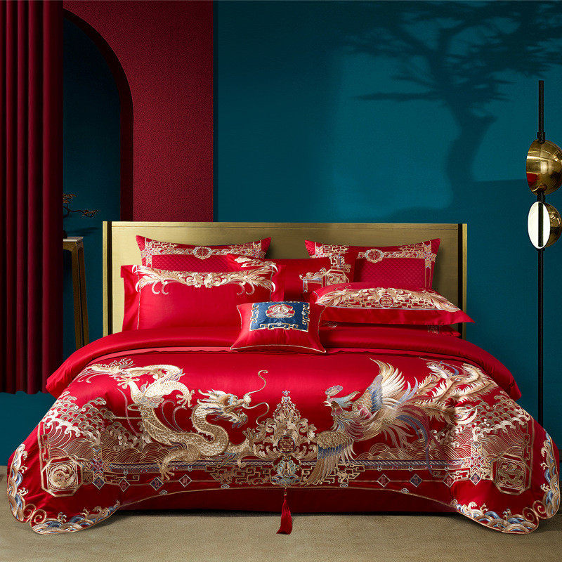 九喜狐刺绣家纺龙凤婚庆婚房布置长绒棉红色结婚四件套备婚床品,床上用品,婚庆床品套件,淘宝优惠券,粉丝福利购,淘宝优惠卷