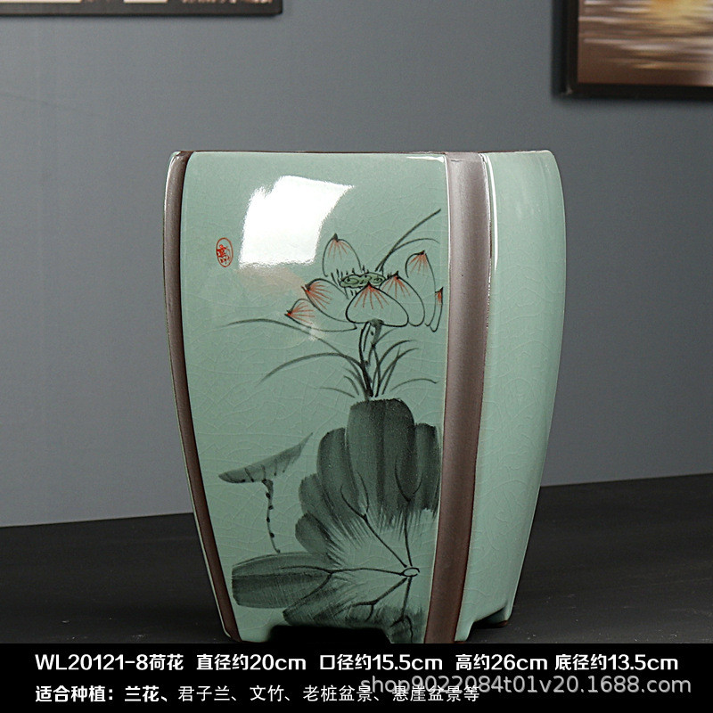 简约中国风哥窑陶瓷盆特大号兰花盆景专用绿植盆高款四方紫砂盆栽