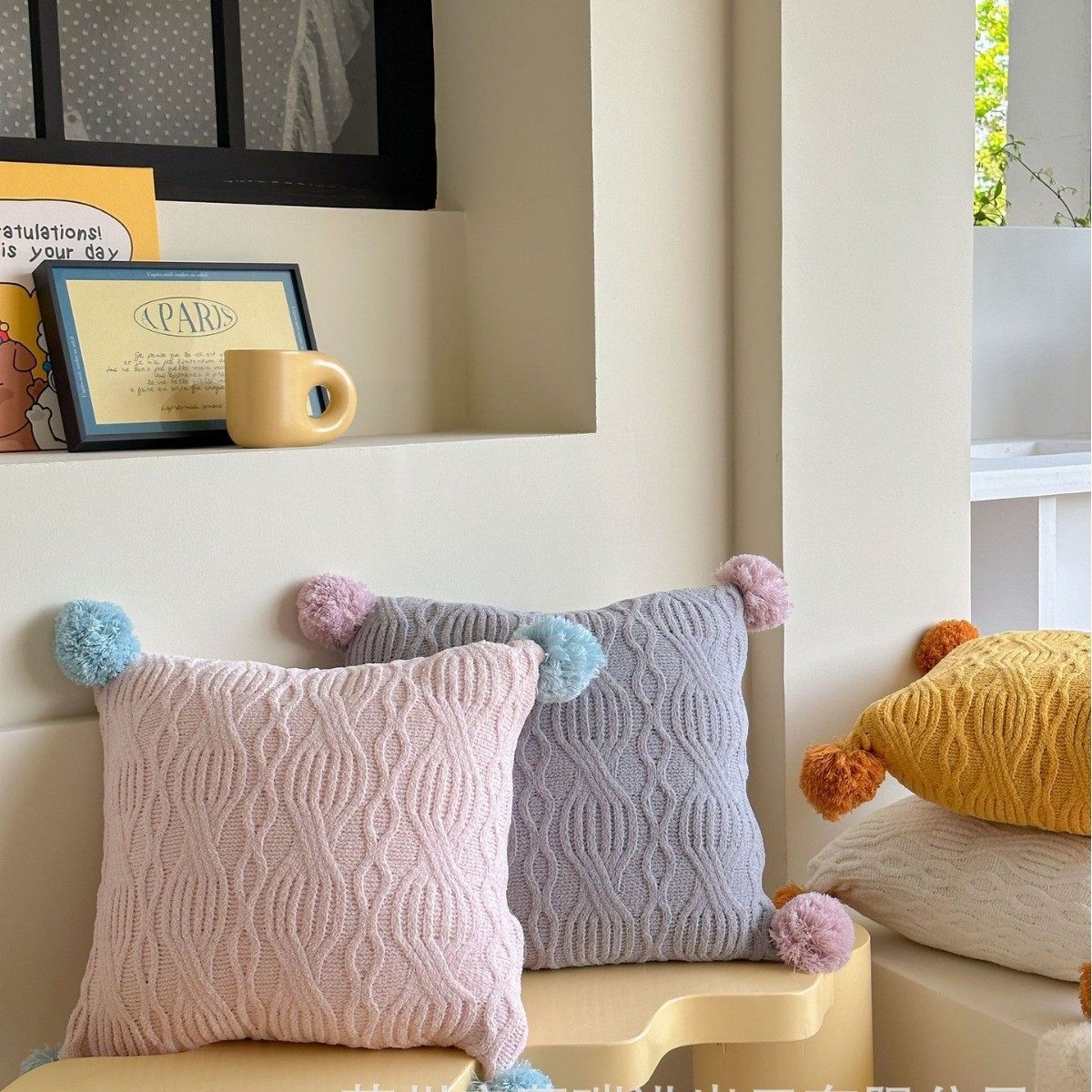 安穆沙发靠枕家居2024新款雪尼尔撞色毛球抱枕家居装饰瑞