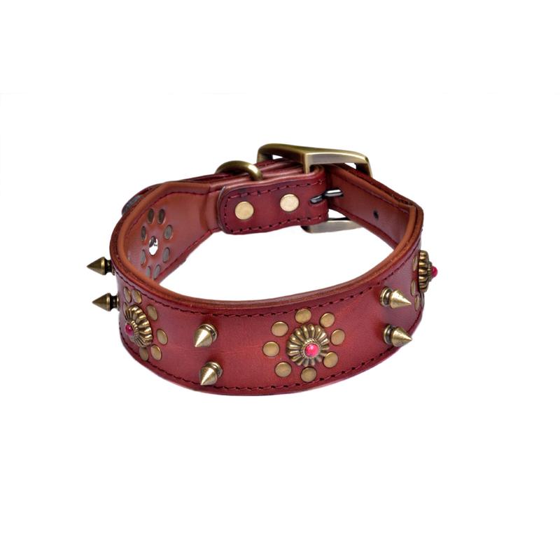 头层牛皮批发复古厂家宠物项圈合金搭扣铆钉植鞣树膏皮颈圈脖套
