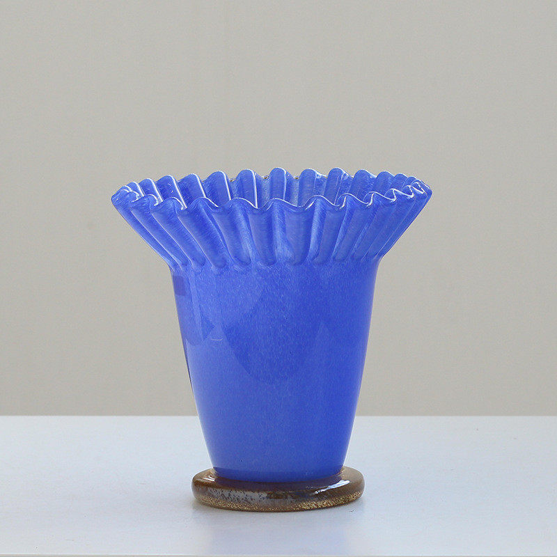 莫兰迪创意大口荷叶边花瓶口褶皱琉璃卷软装家居样板间客厅装饰品