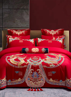 1pkn批发全棉新婚庆四件套大红色长绒棉龙凤刺绣床上用品家纺结婚