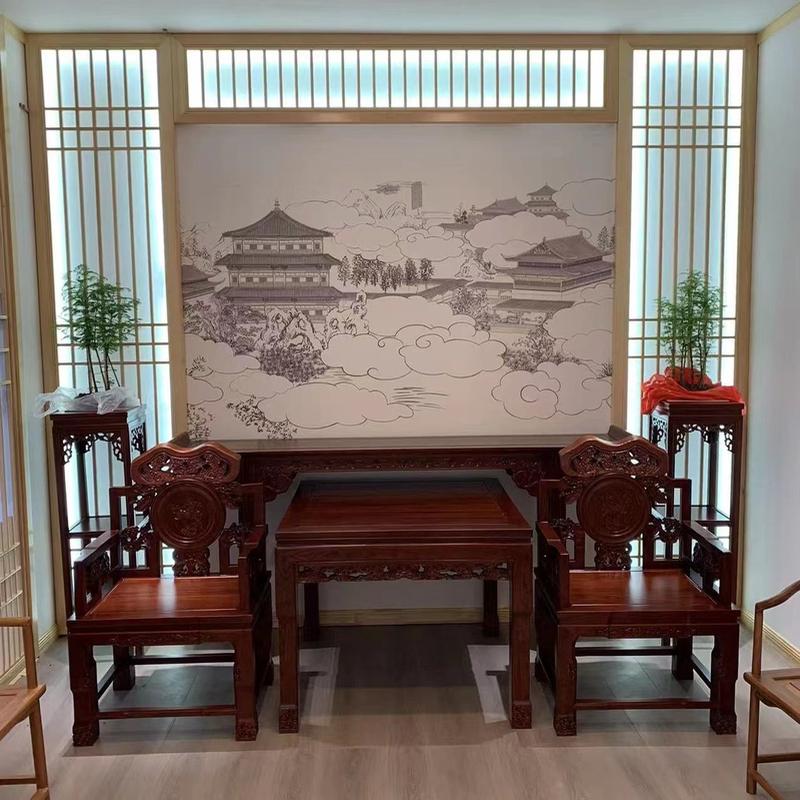 热销新中式老榆木中堂六件套实木供桌台案几八仙桌太师椅南榆木供