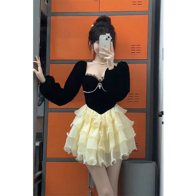 法式丝绒黑色长袖连衣裙女秋