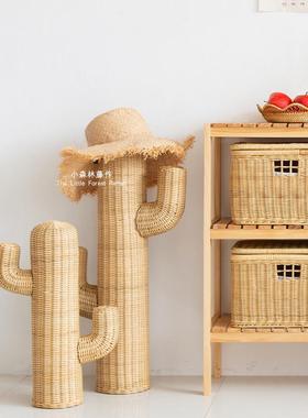 小森林落地藤编假仙人掌装饰摆件北欧仿真迷你仙人掌道具天然