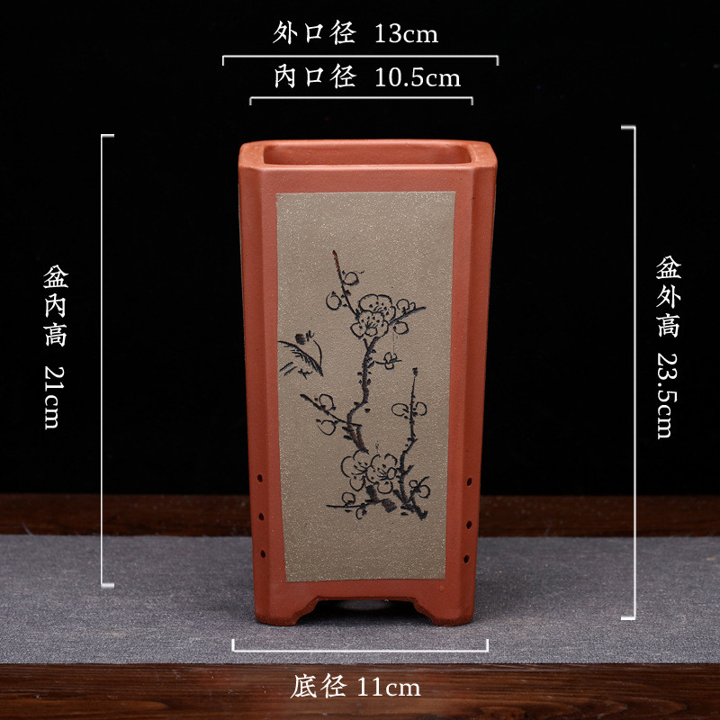 紫砂花盆桌面四方君子兰签筒刻绘盆景盆六角蕙兰个性陶瓷厂家批发