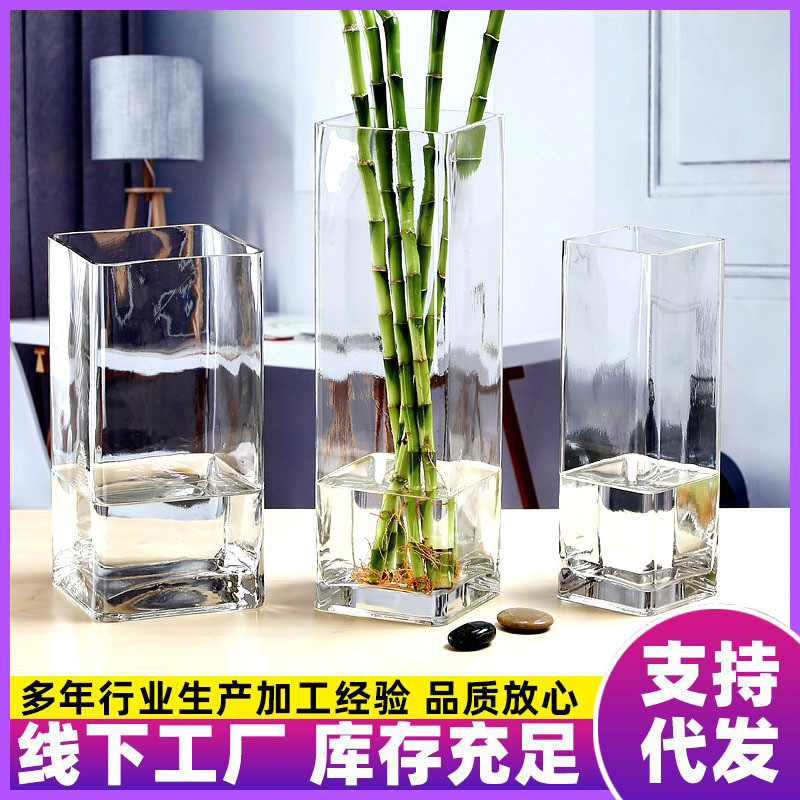 高款大号创意玻璃透明花瓶方缸富贵竹插百合花微景观客厅装饰摆件