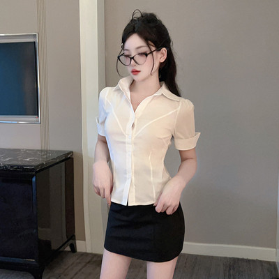 高货纯欲通勤职业收腰白衬衫女夏季修身性感包臀裙足浴技师工作服