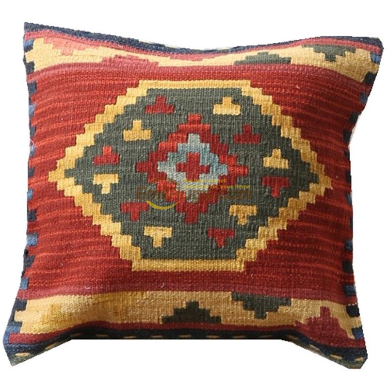 几何kilim绒绣纯手工羊毛靠垫北欧风格十字绣刺绣diy抱枕套腰枕套