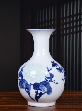 景德镇花瓶新中式插花荷花摆件客厅手绘瓷器家居装饰品瓷瓶摆件