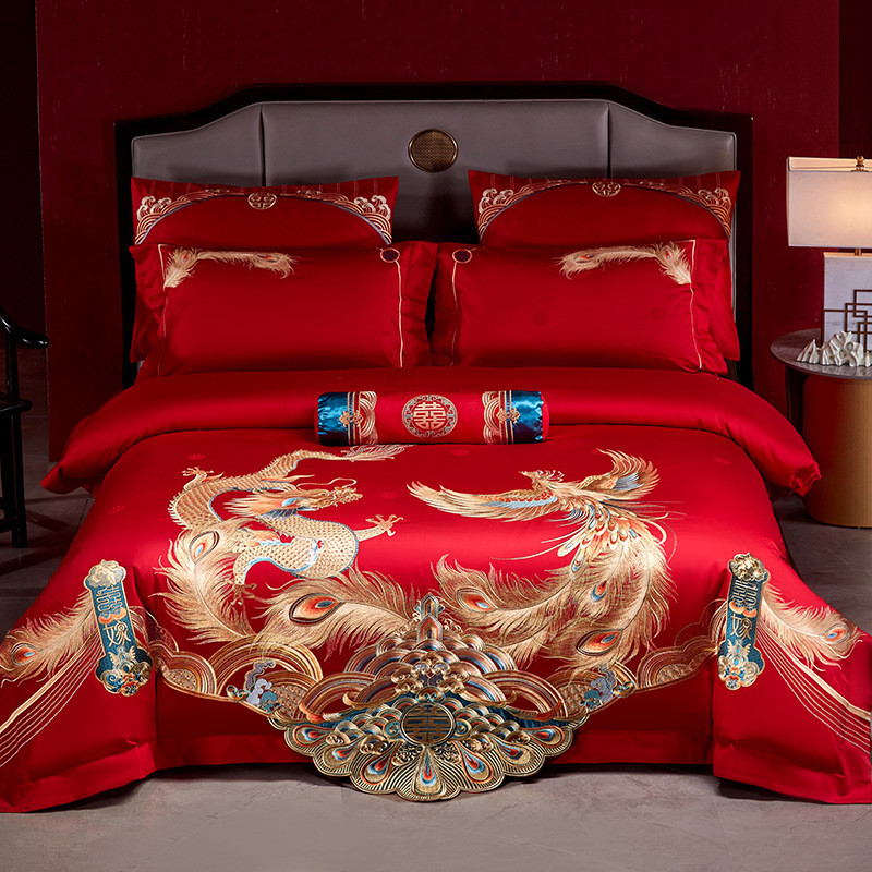 中式龙凤婚庆四季长绒棉四件套新婚刺绣提花红色床上用品被套结婚