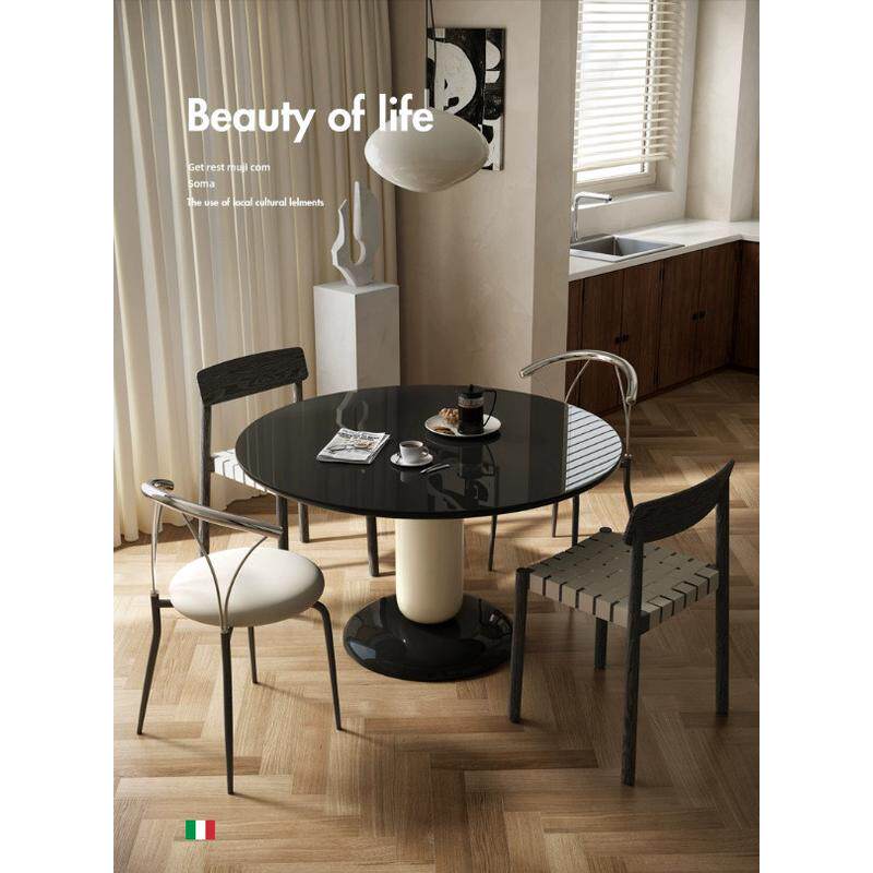 北欧设计师中古风实木岩板圆形餐桌椅组合简约现代全烤漆家用饭桌