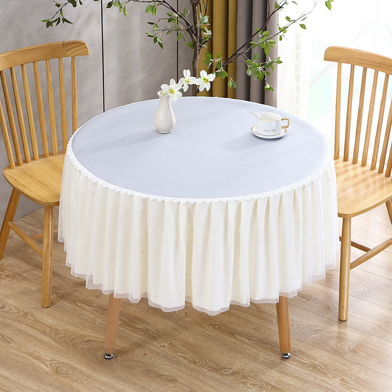 蕾丝纯色圆形桌布防水茶几阳台小圆桌罩防尘罩圆餐桌布盖布奶油风