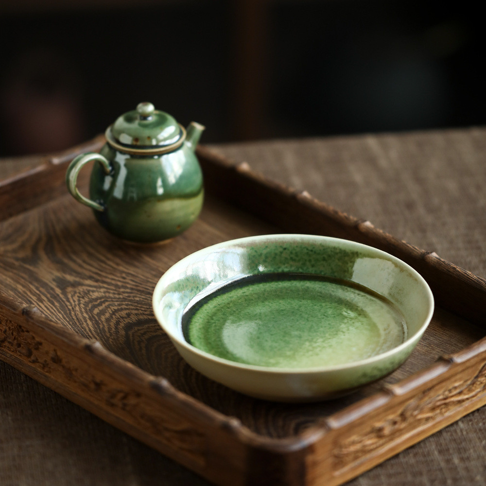 粗陶青苔釉碟子手工小盘子日式小果盘茶食盘个性壶承壶托干炮台
