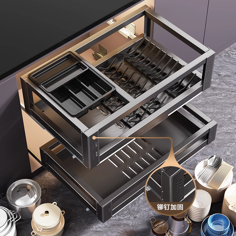 拉篮厨房橱柜304不锈钢碗碟碗柜双层厨柜碗架抽屉式调味碗篮收纳