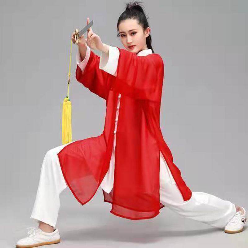 网红款太极服女披纱观赏太极表演比赛服中国风男单披风件披肩纱衣