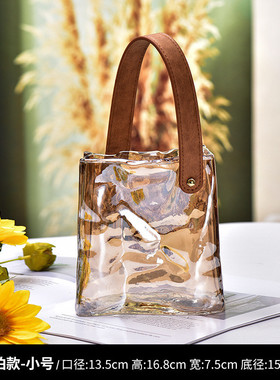 美式轻奢创意皮革手提花瓶玻璃水养插花玫瑰百合客厅餐桌装饰摆件