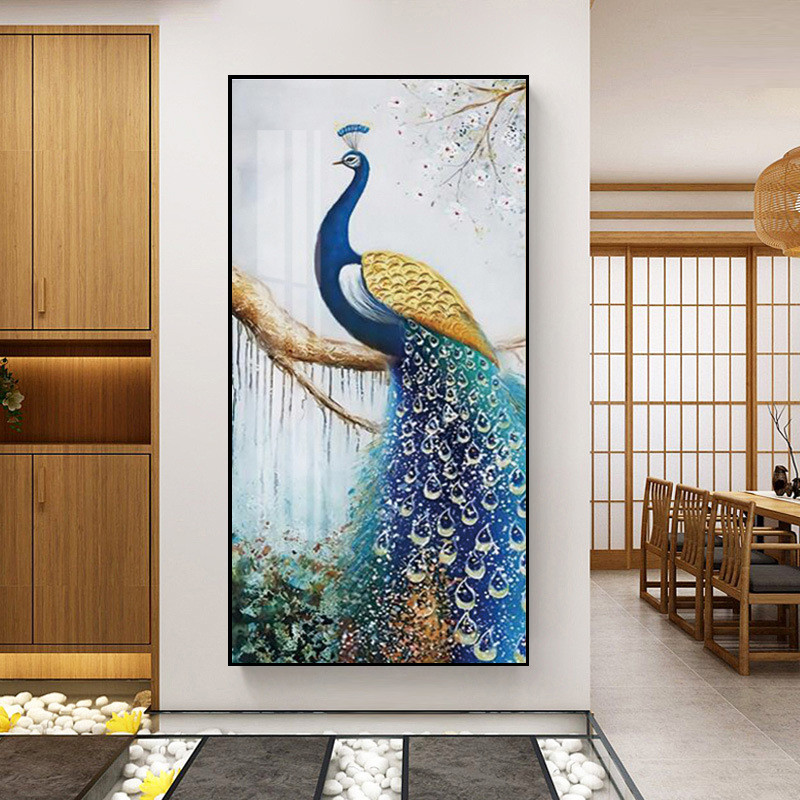 孔雀玄关画入户装饰画走廊过道晶现代简约挂画瓷竖版背景墙壁画图片