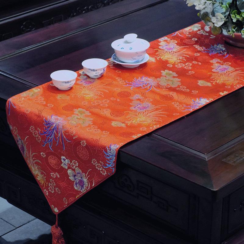 古典中式丝绸锦缎缎面红色喜庆桌旗餐桌长桌布茶几刺绣流苏定制做