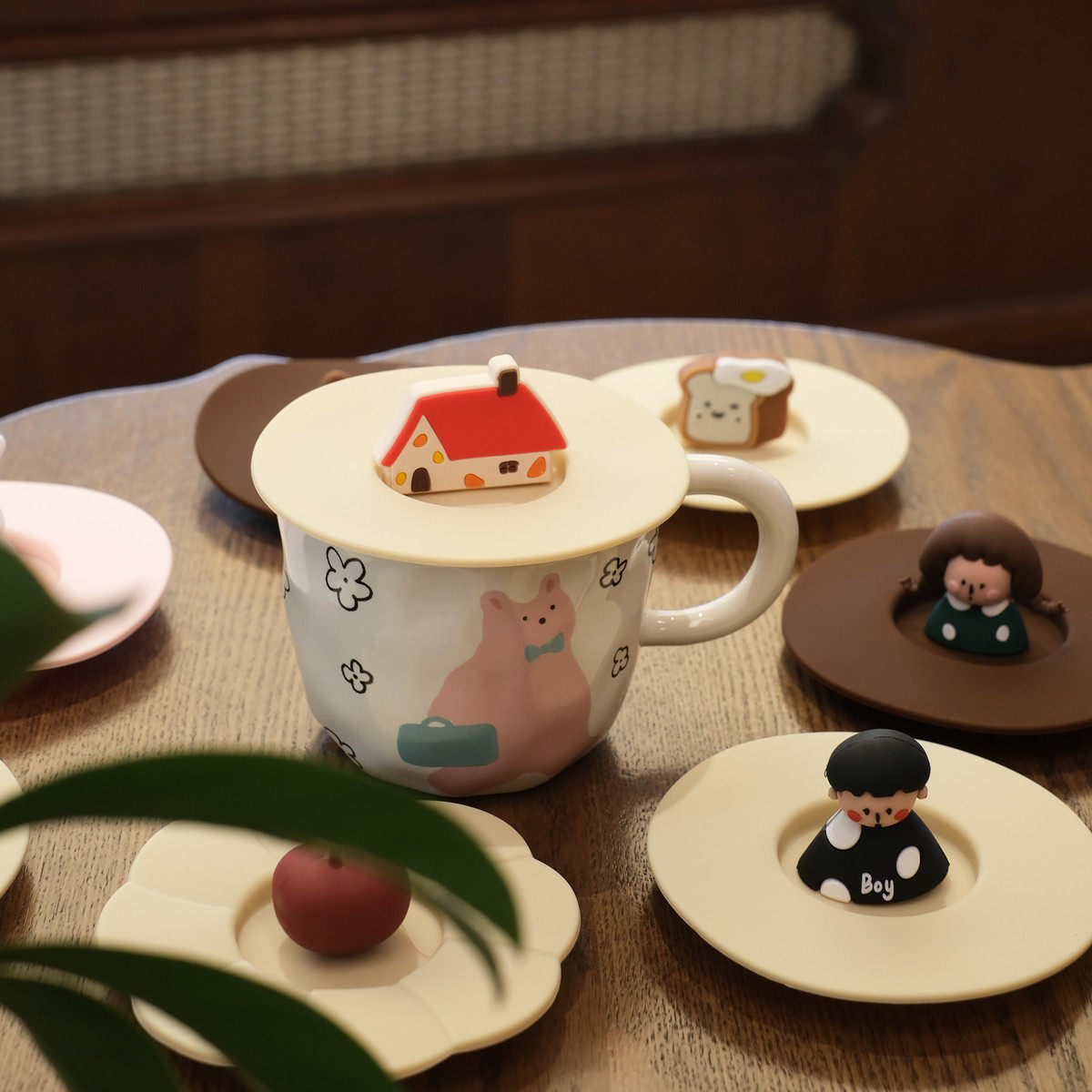 他山集.包邮可爱食品级硅胶杯盖创意卡通马克杯玻璃杯防尘杯盖