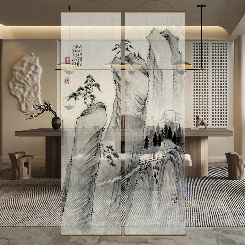 半透水墨竹双面透景屏风纱中式卷帘隔断帘挂帘水墨窗帘纱帘透光