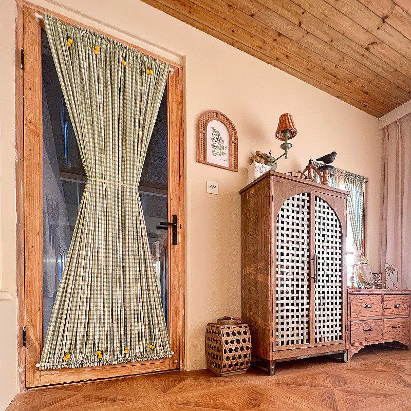 日式绿格子玻璃门固定粘贴绷纱美式复古窗帘免打孔门帘门帘,居家布艺,成品窗帘,淘宝优惠券,粉丝福利购,淘宝优惠卷