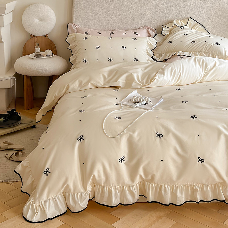 法式100床单长绒棉刺绣轻奢四件套全棉公主风荷叶边被套蝴蝶结支4