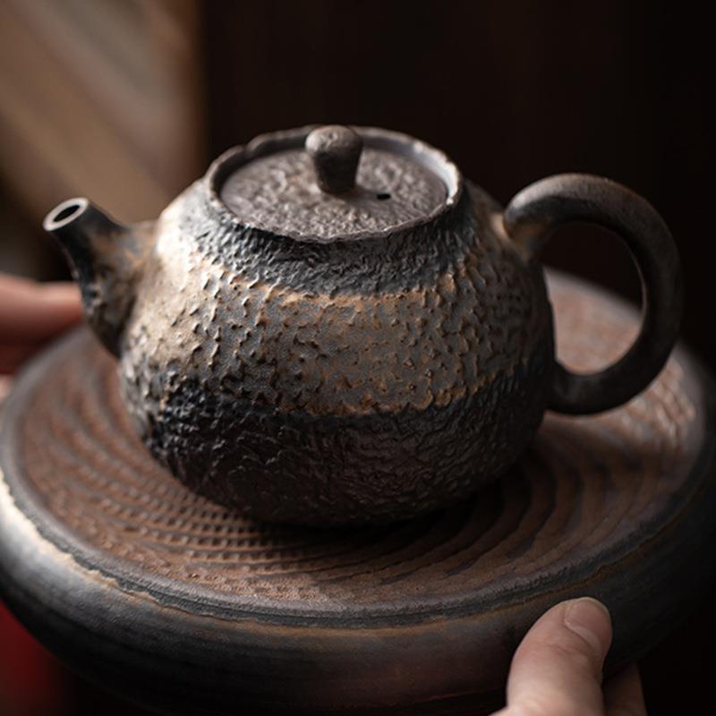 石纹正把壶手工复古日式粗陶小茶壶鎏金铁釉单壶普洱急需泡茶器