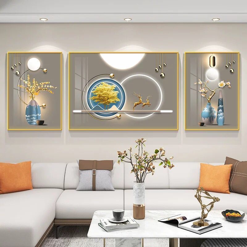客厅装饰画现代简约沙发背景墙画北欧式三联壁画晶瓷有框抽象挂画图片