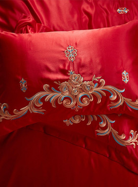6b76新婚庆四件套大红色全棉刺绣结婚床品双人婚嫁六件套被套