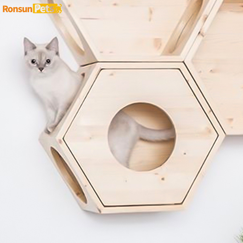 热销悬挂六角猫窝蜂巢猫爬架壁挂墙壁式猫窝diy实木墙面六角仓猫