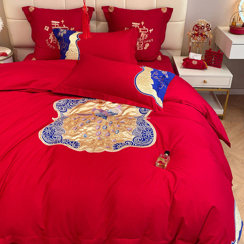 长绒棉婚庆四件套国潮风刺绣牛仔中式红色结婚床单婚嫁床上用品,床上用品,婚庆床品套件,淘宝优惠券,粉丝福利购,淘宝优惠卷