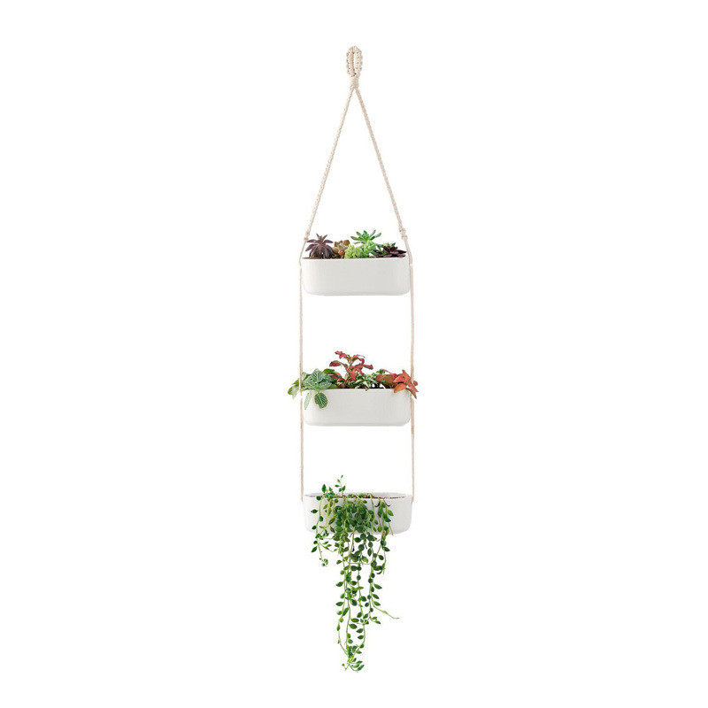现代壁挂陶瓷皮绳棉绳悬挂白色长方形花盆室内装饰植物架多肉盆栽